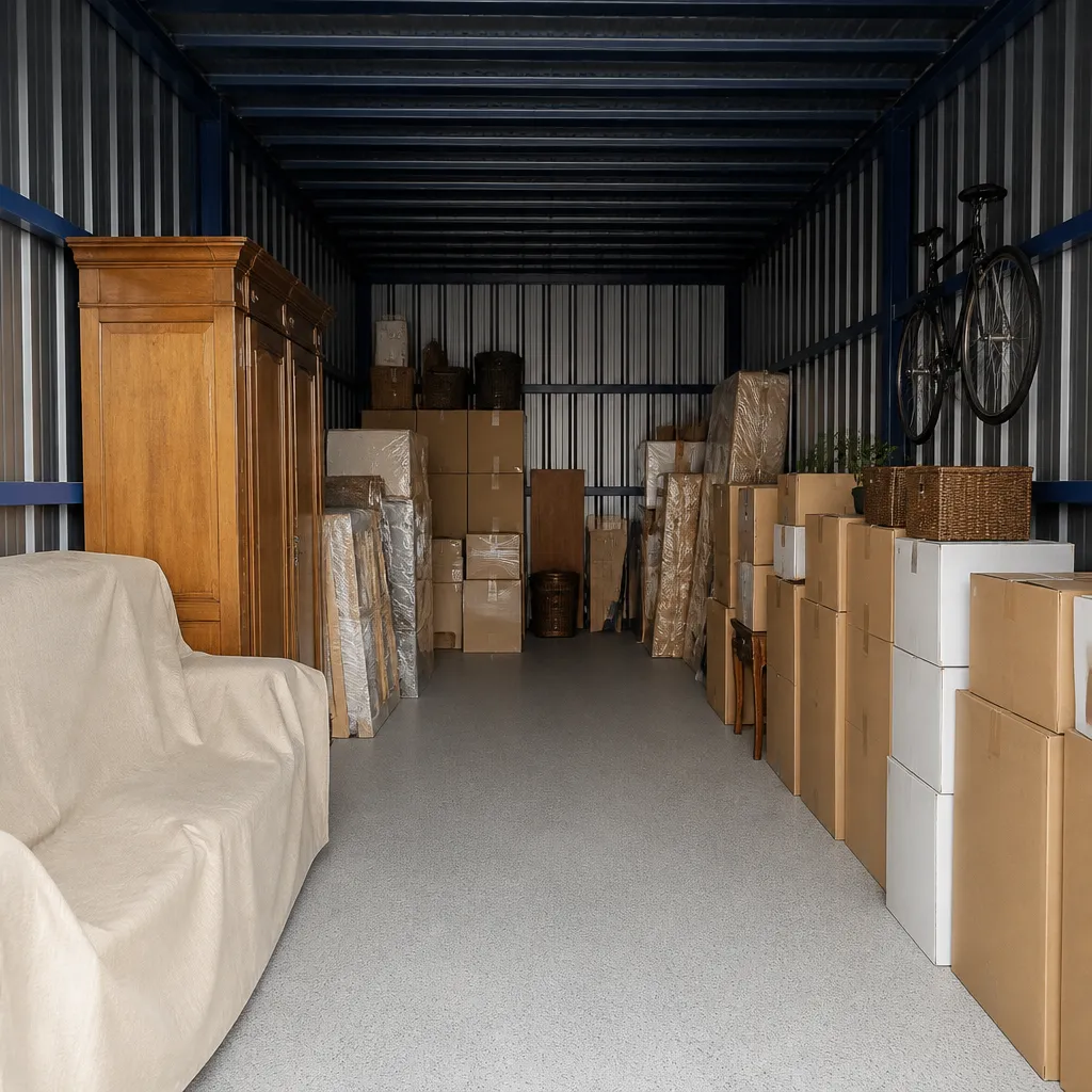 Intérieur d’un grand box de stockage rempli du mobilier d’une maison entière, cartons empilés en rangées