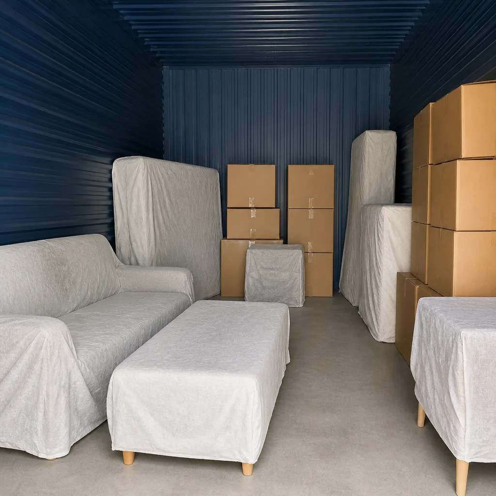 Intérieur d’un box de stockage de taille moyenne, mobilier d’une pièce sous housses respirantes