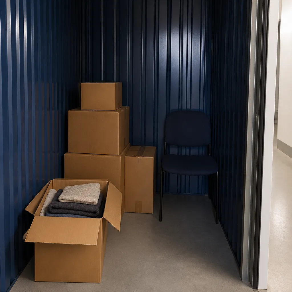 Intérieur d’un petit box de stockage rangé, cartons de déménagement empilés et carton ouvert