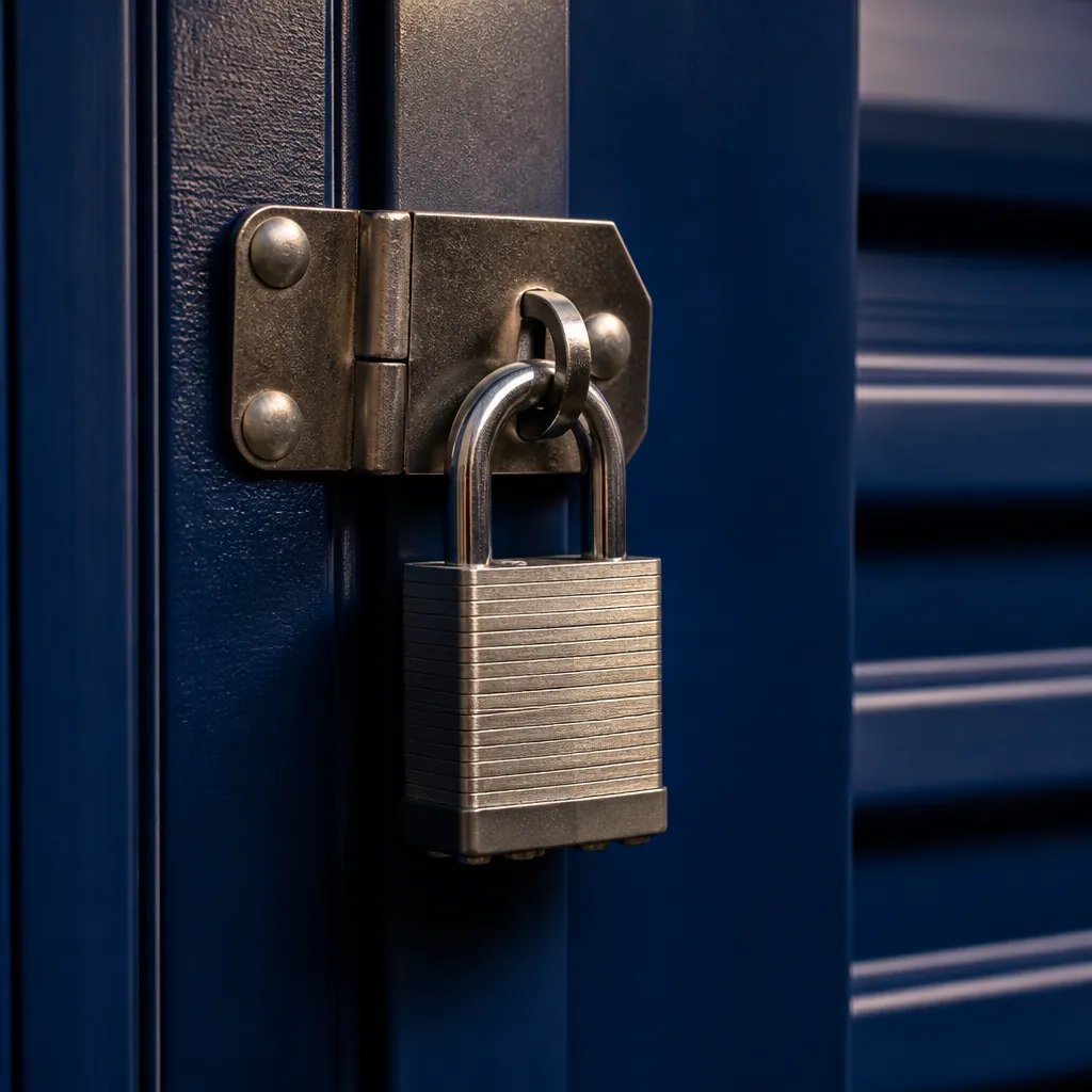 Cadenas robuste fermé sur une porte de box de stockage en acier bleu-nuit