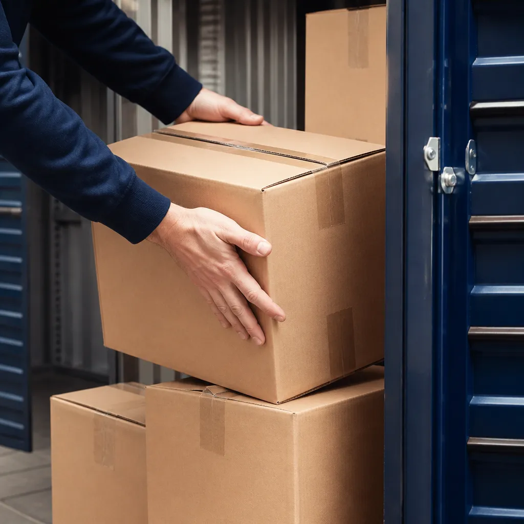 Mains posant un carton de déménagement fermé devant la porte ouverte d’un box de stockage