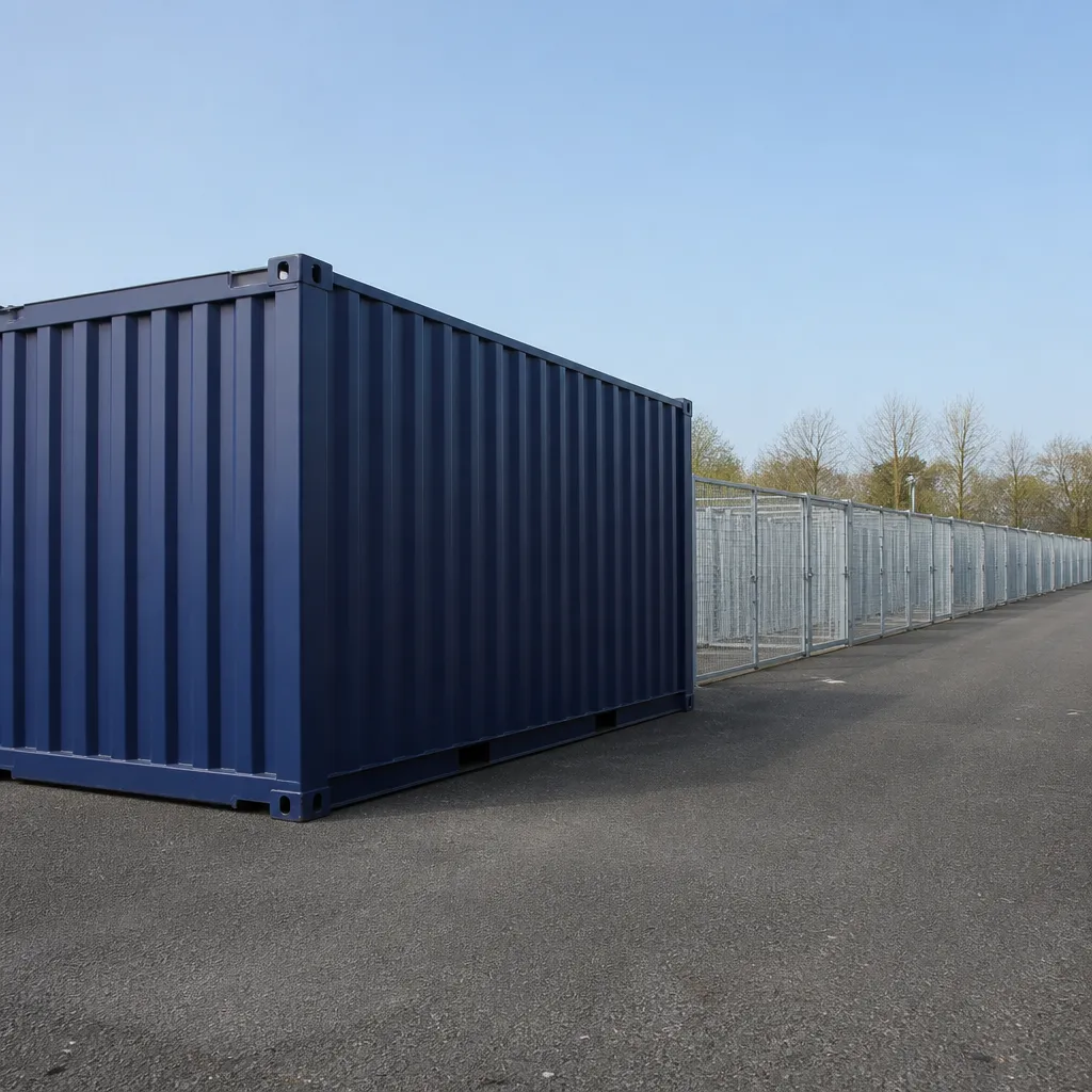 Conteneur maritime bleu-nuit posé à côté d’une rangée de box grillagés métalliques dans une cour de stockage
