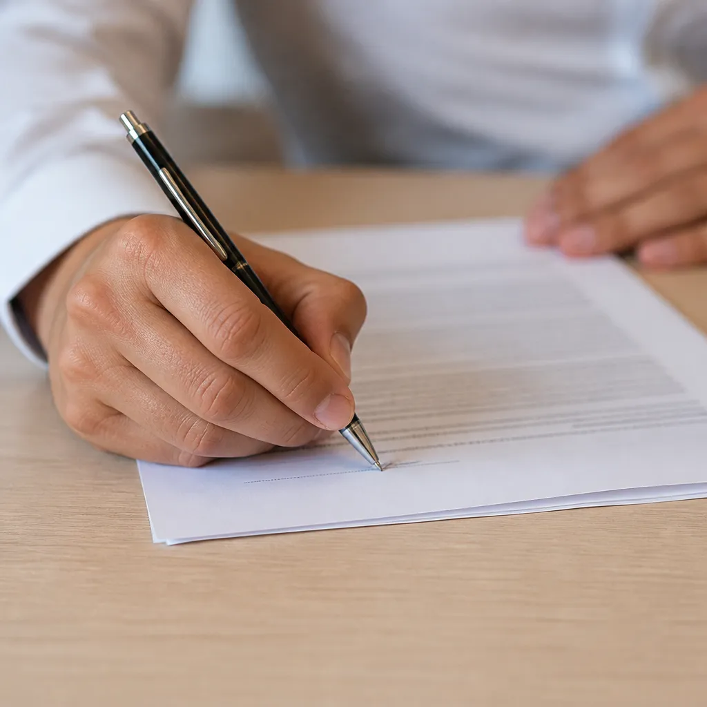 Main qui signe un document contractuel posé sur une table, gros plan sans visage