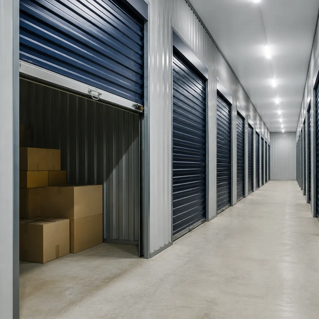 Couloir intérieur d’un centre de stockage avec rangée de portes de box en acier bleu-nuit