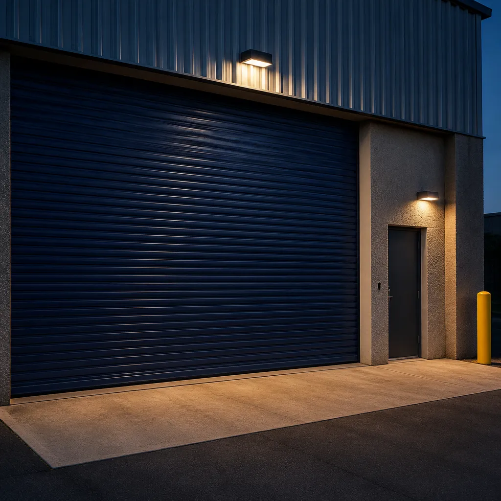 Façade d’un centre de stockage en début de soirée, éclairage extérieur discret, rideau métallique fermé
