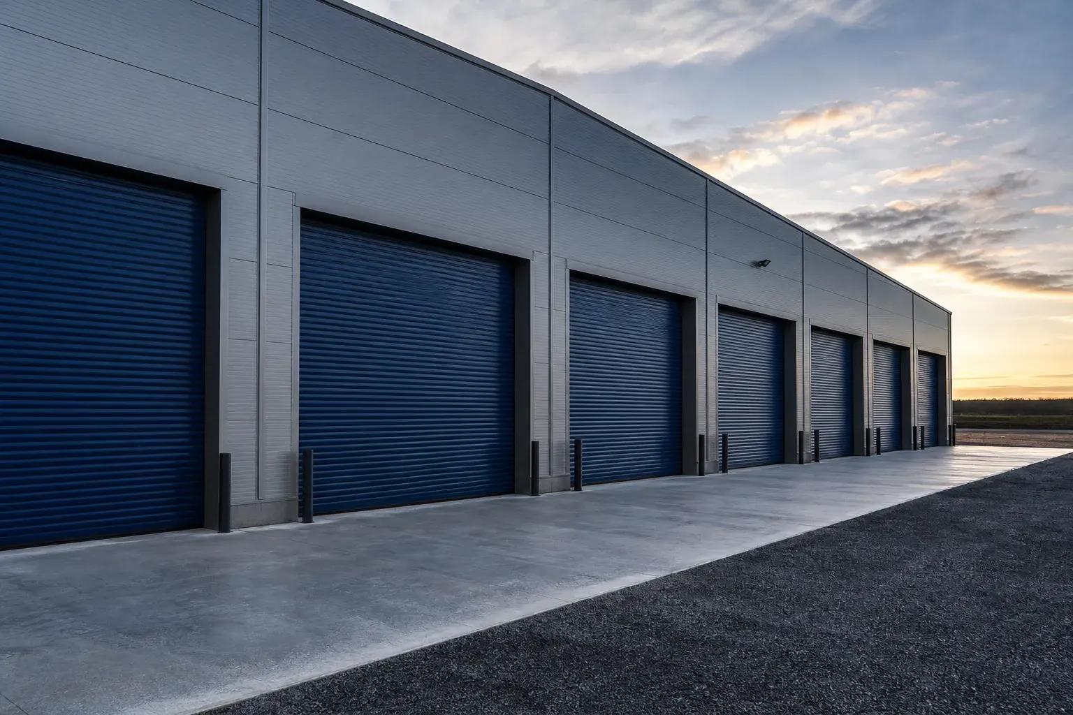 Large façade d’un centre de stockage avec plusieurs rideaux métalliques bleu-nuit alignés