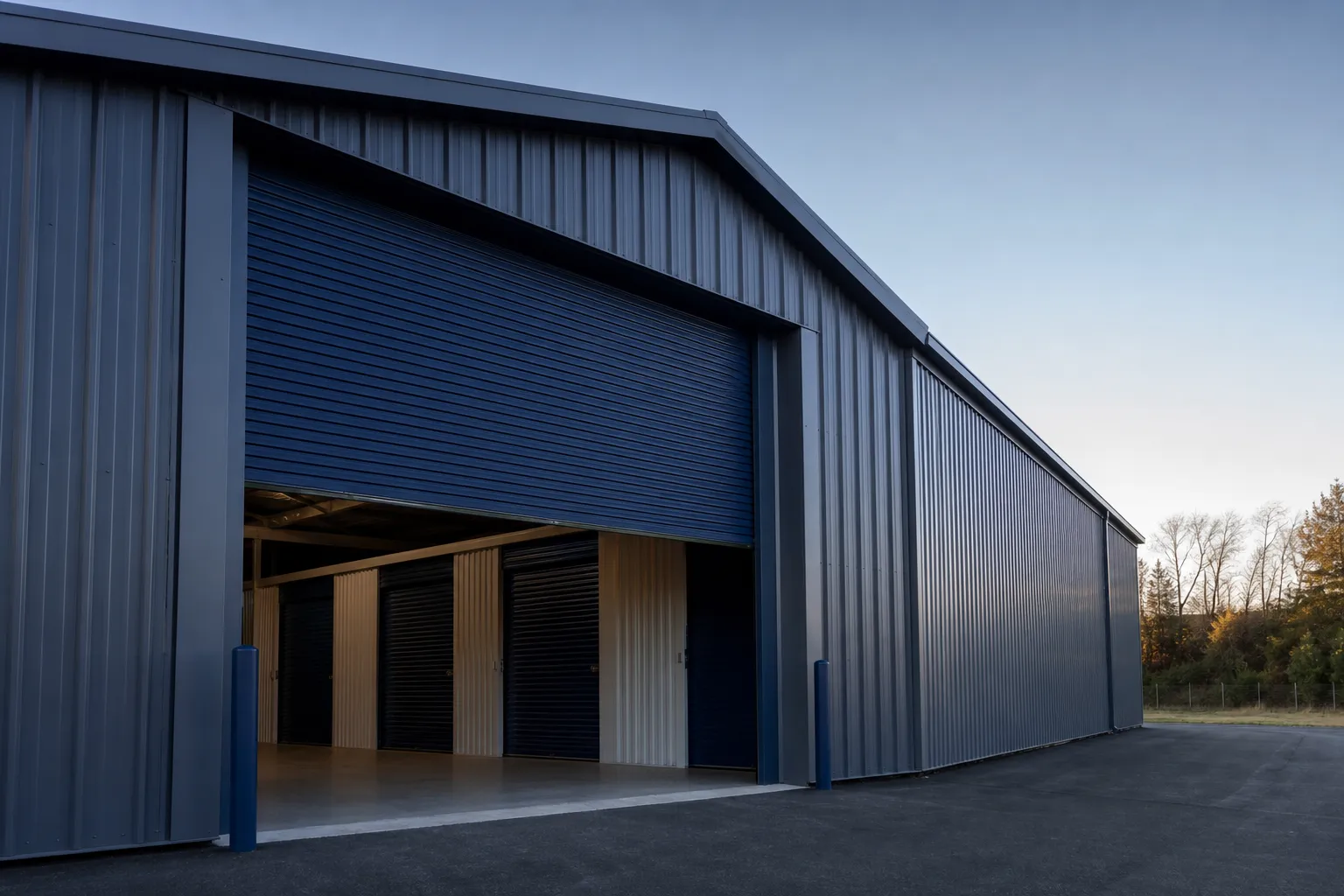 Façade d’entrepôt de stockage vue de trois-quarts, grand rideau métallique bleu-nuit à demi relevé, box visibles à l’intérieur